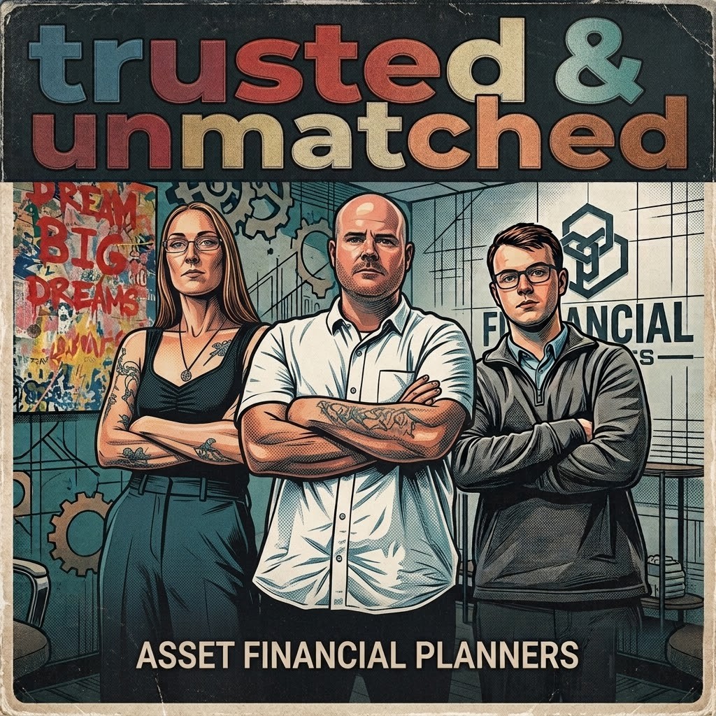 Album-cover style illustration of the Asset Financial Planners team: Trusted & Unmatched